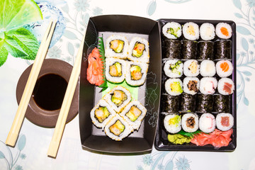 Various kinds of fresh sushi on the table
