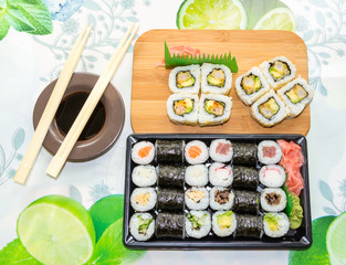Various kinds of fresh sushi on the table