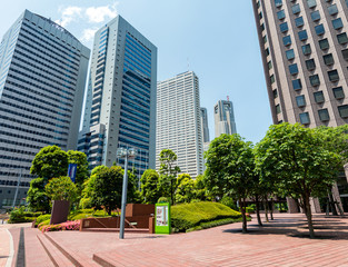 Tokyo, Japan. Modern skyline of Shinjuku, skyward view
