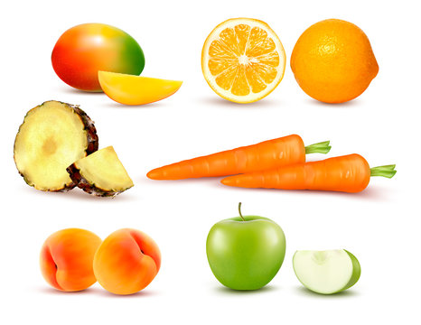 Big group of different fruit and vegetables. Vector.