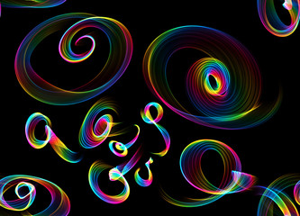 glowing rainbow curved lines and sircles flowers over dark Abstract Background. seamless Illustration pattern.