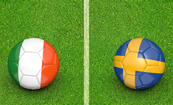 Team balls for Ireland vs Sweden football tournament match, 3D rendering