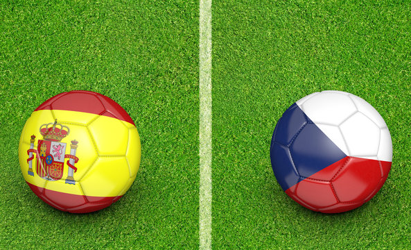 Team balls for Spain vs Czech Republic football tournament match, 3D rendering