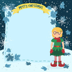 Notes Christmas Elf Glasses Girl. Illustration of christmas greeting card with glasses elf girl in winter night background.