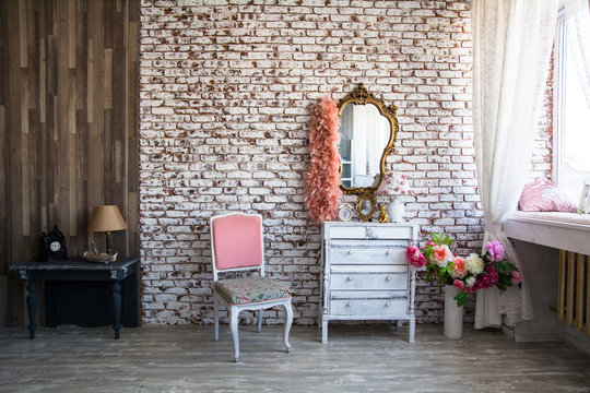 Interior room with a brick wall