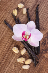 Pistachio nuts, blooming orchid and fragrant vanilla sticks, cosmetic ingredients