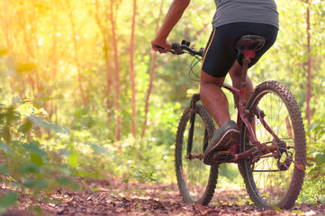 Fototapeta na wymiar Mountain Bike cyclist riding single track at sunrise healthy lif