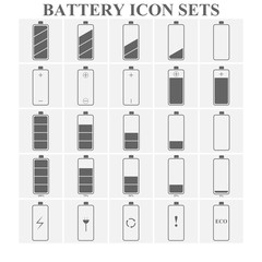 Batter icon sets, Battery level icon sets, Battery charge icon sets, Battery vector image.