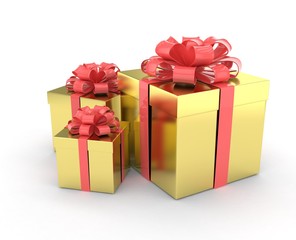 three gift boxes with bows isolated on white. 3d rendering.