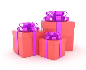 three gift boxes with bows isolated on white. 3d rendering.