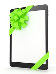 Black tablet with green bow and empty screen. 3D rendering.