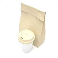 Coffee to go and lunch bag, on white. 3d rendering.
