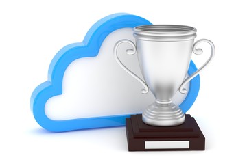 Isoalted silver cup with cloud on white background. Blue contour cloud. Concept of cloud storage competition. Leader cloud drive. Best storage contest. 3D rendering.