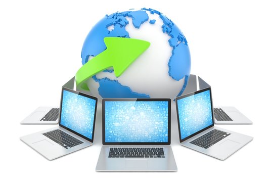 Laptop network around earth globe. 3d render