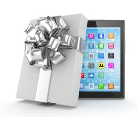 Tablet in white gift box with silver bow and ribbons on white. 3D rendering.