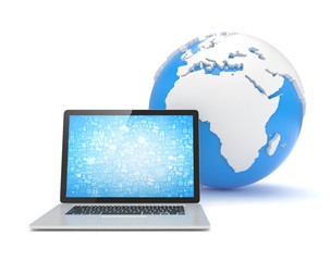 Laptop network and earth globe. 3d render