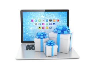 Gift box with ribbon bow on laptop keyboard. 3d rendering.
