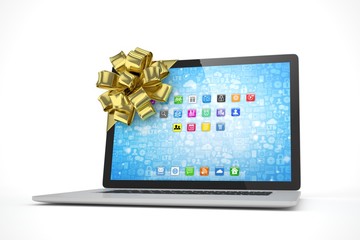 Tied laptop with golden bow on white background. Modern present or gift for birthday, holiday, christmas. 3D rendering.
