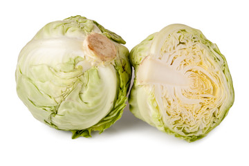 the whole cabbage and half isolated on white background