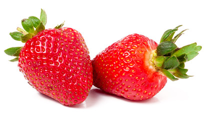Two strawberries isolated on white background close-up macro