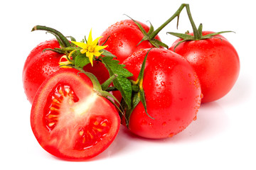 tomato with leaves flower water drops isolated on white background