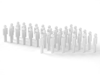 Many 3d people figure in arrow shape with the leader in front. 3d rendering.