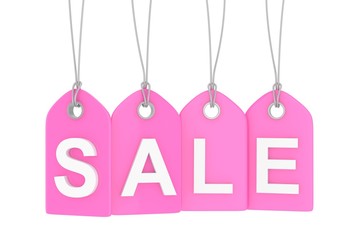 Pink isolated sale labels on white background. Price tags. Special offer and promotion. Store discount. Shopping time. 3D rendering.