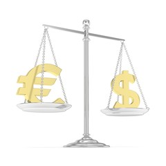 Isolated silver scales with golden dollar and euro currency. American and european finance. Measuring of market stability. 3D rendering.