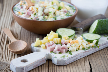Russian  summer cold soup okroshka, ingredients