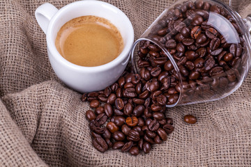 Cup of coffee and beans