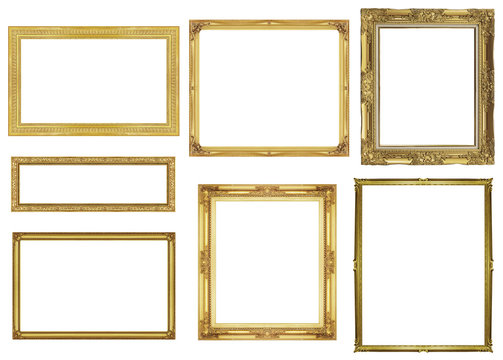 collection golden frame isolated on white background, clipping p