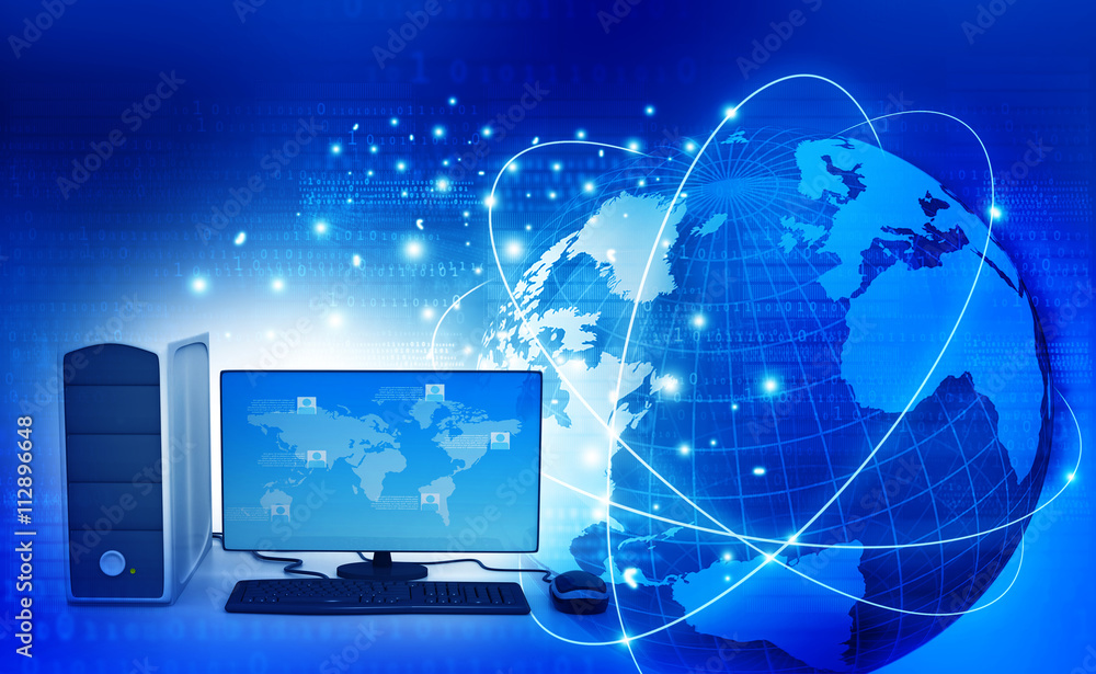 Poster global communication technology with computer. technology background. 3d illustration.