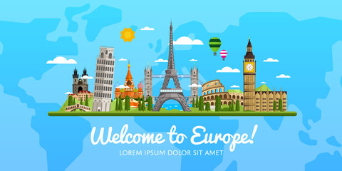 Welcome to Europe, travel on the world concept, traveling flat vector illustration. - obrazy, fototapety, plakaty