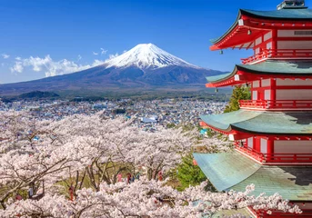 Store enrouleur tamisant Mont Fuji Mt. Fuji avec la pagode Chureito, Fujiyoshida, Japon