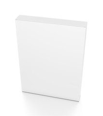 White thin vertical rectangle blank box from top front side angle. 3D illustration isolated on white background.