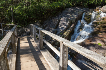 Fototapeta premium Bridge across the flowing river in the mountains. Picture taken on the trail up the Chief Mountain in Squamish, BC, Canada.
