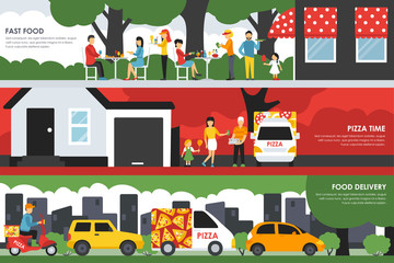 Fast Food, Pizza Time and Delivery flat concept web vector illustration. People, Visitors, Waiters, Deliveryman, Scooter, Car. Pizzeria interior presentation.