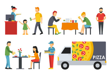 People in a Pizzeria interior flat icons set. Pizza concept web vector illustration. 