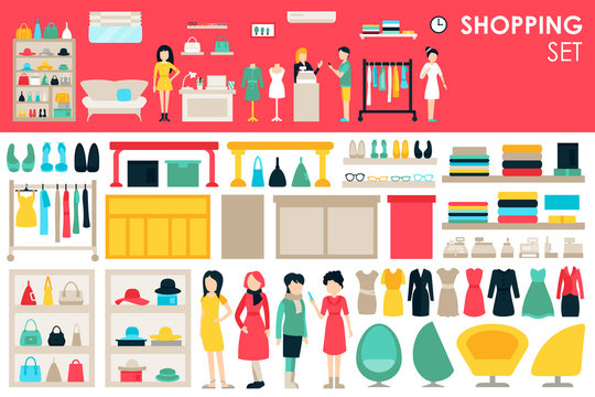 Shopping Big Collection in flat design background concept. Infographic Elements Set With Mall Staff Clothes And Furniture People Interior Fashion