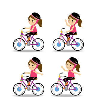 Vector set of girl in helmet riding bikes for excercises