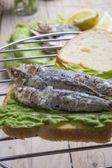 Sandwich Kamut, tapas with sardines, sprats with olives and herb