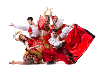 Cabaret dancer team dancing. Isolated on white background in full length.
