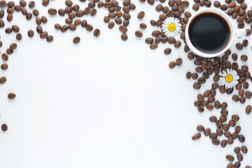 White Cup of Coffee with beans on a white background. Place for your text