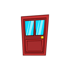 Wooden door with glass icon, cartoon style