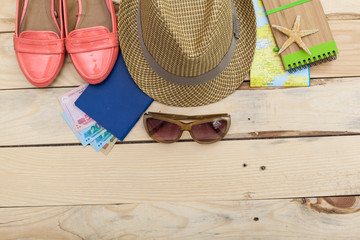 Accessories for travel. Passport, photo camera and travel map. Top view. Holidays and tourism concept