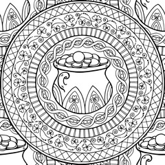 Saint Patrick's Day Theme mandala with Irish pot, golden coins with clover. Black, white pattern. Can be used for wrapping paper, coloring book for adults and kids. Engrave tiled seamless background.
