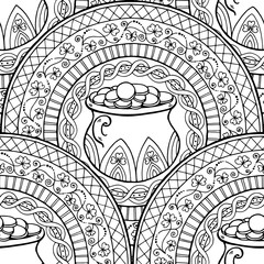 Saint Patrick's Day Theme mandala with Irish pot, golden coins with clover. Black, white pattern. Can be used for wrapping paper, coloring book for adults and kids. Engrave tiled seamless background.