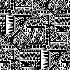 Seamless asian ethnic floral retro doodle black and white background pattern in vector. Henna paisley mehndi doodles design tribal black and white pattern.