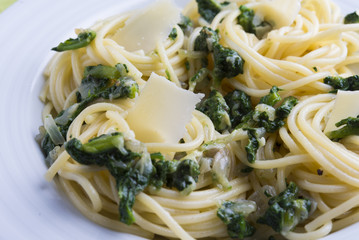 Spaghettis with spinach and Parmesan.