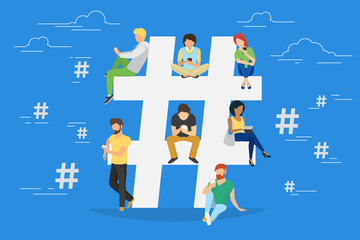 Hashtag concept illustration of young various people using mobile gadgets such as tablet pc and smartphone for hashtags sharing via internet. Flat design of guys and women near big hashtag symbol